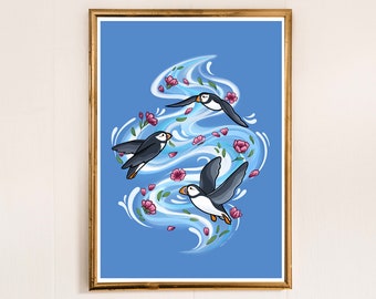 Puffin Art Print - Cute flying puffins artwork - Blue floral puffins bird illustration