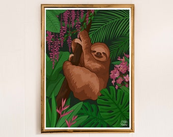 Sloth Jungle art print - happy, sleepy sloth - Jungle animal and plant illustration