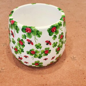 Hand Decorated Ceramic Flower Pot with  Four Clover & Ladybug  Design Unique Birthday/Anniversary/Mothers Day/Housewarming/Christmas Gift