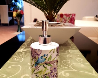 Beautiful Hand Decorated Soap Dispenser with "Wisteria & Bird" Design - Birthday/Anniversary/House Warming Gift