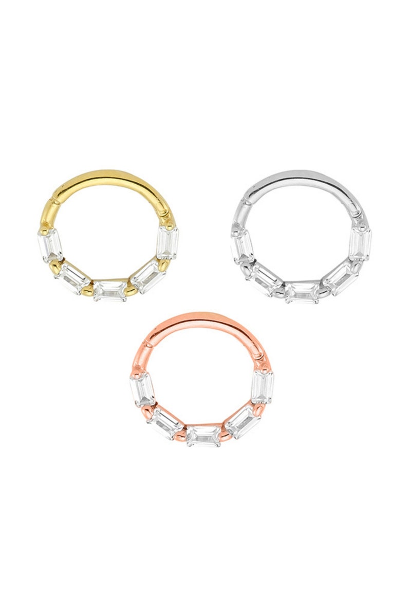 14K Solid Gold Hinge Baguette Stone Minimalist Ring Hoop Piercing Daith