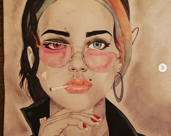 May include: A watercolor portrait of a person with one red eye and one blue eye, wearing pink-tinted glasses and a black jacket. The person is smoking a cigarette and has red nail polish. A headband with orange and teal stripes is visible.