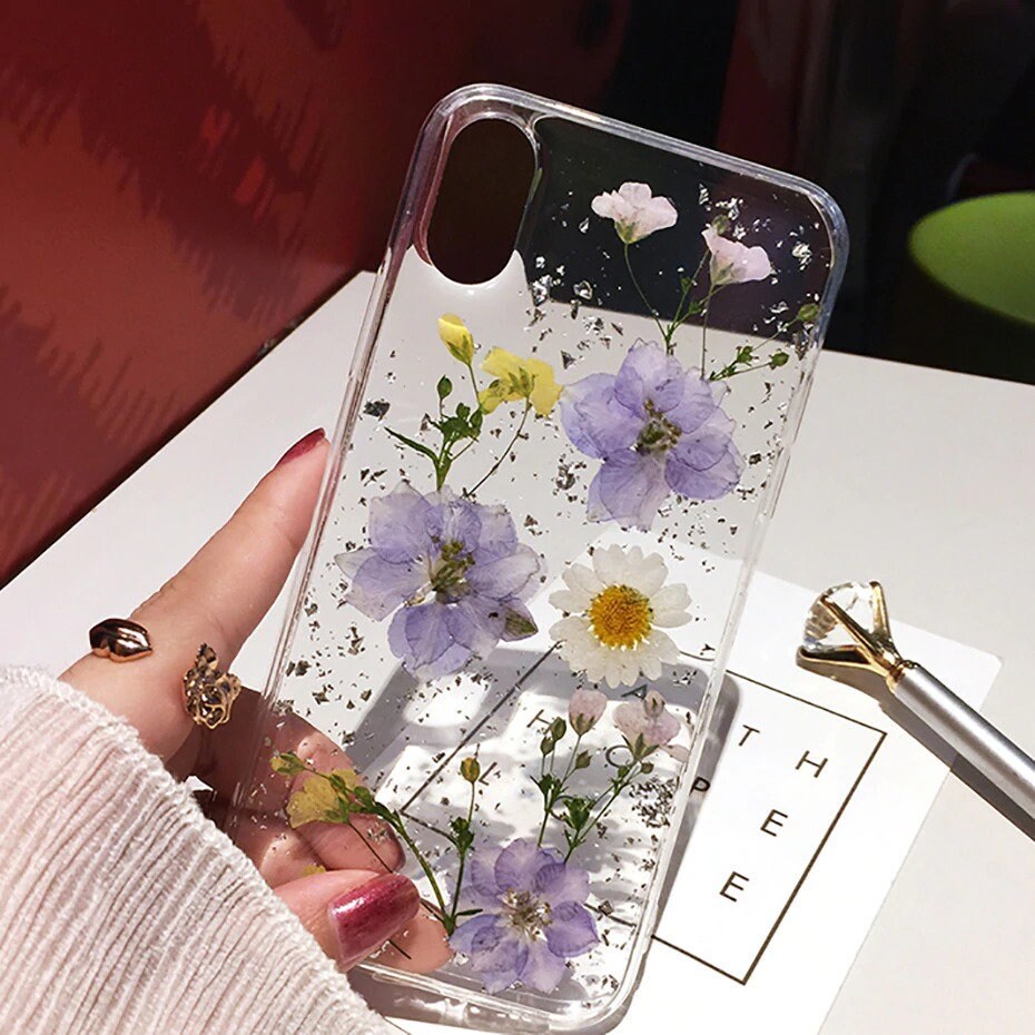 Dried Flower Silver foil Clear Phone Cases Floral Cute Case For iPhon…
