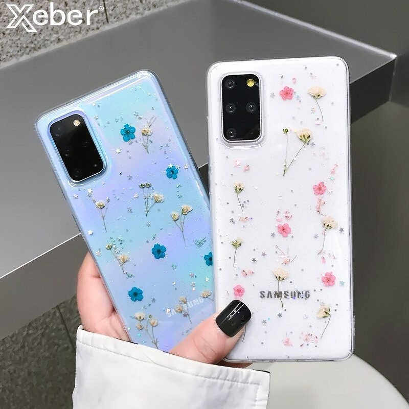 Real Dried Flower Transparent Glitter Case For Samsung S21 Plus S20 F…