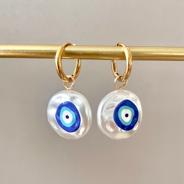 Evil Eye Pearl Earrings, 3D Printed Evil Eye Hoop Earrings, Pearl Hoop Earrings, Gold Hoop Earrings, Holiday Earrings