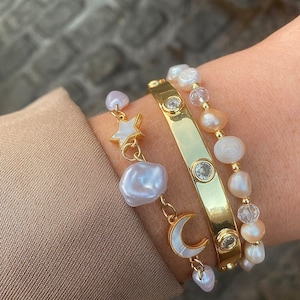 Pearl Bracelet, Beach Babe Bracelet, Star Braclet, Moon Bracelet, Holiday Bracelet, Natural Pearl, Stainless Steel Bracelet, Charm Bracelet