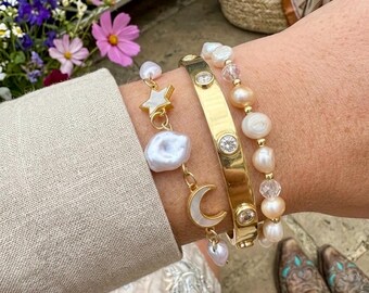 Pearl Charm Bracelet: Stainless Steel Gold Finish, Moon & Star