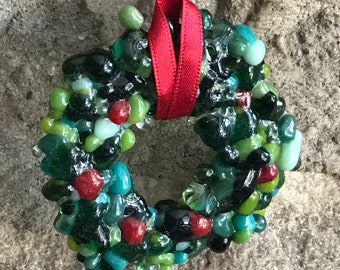 Fused Glass Holly Wreath Christmas Ornament