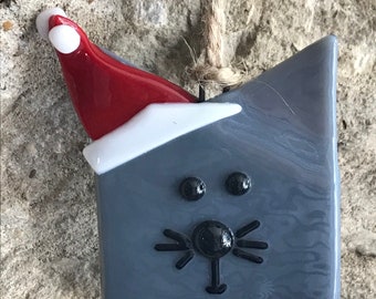 Fused Glass Santa Cat Christmas Ornament