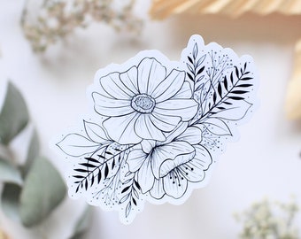 Pegatinas de vinilo florales con diseño lineal en negro, pegatinas transparentes, pegatinas para diario, pegatinas de flores para álbumes de recortes, pegatinas de flores para portátiles.