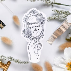 Line Art Sticker Spiegel, TRANSPARENTER Sticker Laptop, Selbstliebe Sticker, Inspirierende Sprüche Sticker, Floraler Line Art Sticker
