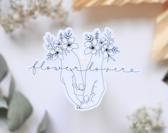 Line Art « Flower Lover » Autocollant vinyle Noir Blanc, Autocollant TRANSPARENT, Autocollant Journal, Planificateur, Calendrier, Scrapbook, Ordinateur portable