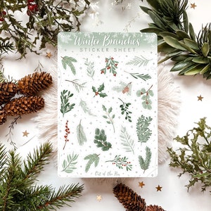 Foglio adesivi Rami invernali verdi, adesivi rami di Natale, Journal Stickers Natale, foglio adesivi Natale