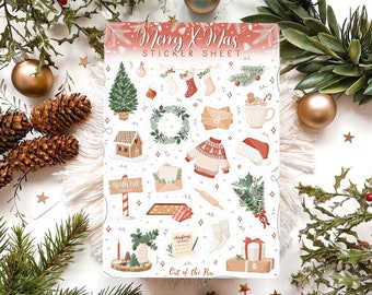 Sticker Sheet Christmas | Festive Journal Stickers, Christmas Stickers, Winter Stickers, Planner Stickers Merry X-Mas