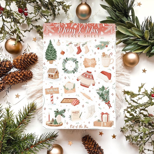 Sticker Sheet Christmas | Festive Journal Stickers, Christmas Stickers, Winter Stickers, Planner Stickers Merry X-Mas