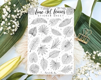 Sticker Sheet Leaves Line Art Black and White, Journal Stickers Botanical, Plants Sticker Sheet, Minimalist Stickers for Planners