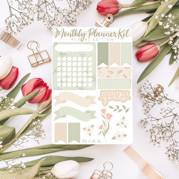 Monthly Planner Kit Floral | Planer Stickers Flowers, Spring Sticker Sheet, Aufkleber Kalender Monatsübersicht, Monatsplaner Stickerbogen