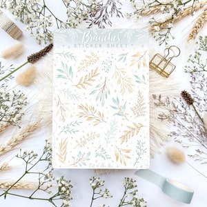 Sticker Sheet Branches hellblau beige, Pflanzen Sticker Sheet für Journal, Aufkleberbogen Blätter, Botanische Sticker Pastellfarben