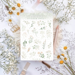 Stickervel Bloemen wit, bloemenstickervel voor dagboeken, stickervel wilde bloemen, bloemenstickers, stickervel natuur