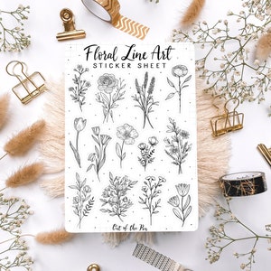 Foglio di adesivi linea floreale arte in bianco e nero, adesivi per diario, adesivi estetici, adesivi per pianificatore, fogli adesivi per fiori