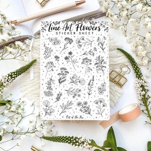 Sticker Sheet Flowers Line Art schwarz weiß, Lineart Sticker Blumen, Aufkleber Blumen minimalistisch, Scrapbook Sticker Blumen