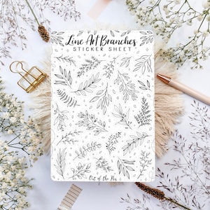 Sticker Sheet Line Art Branches Schwarz Weiß, Journal Sticker Pflanzen, Botanische Aufkleber, Blätter und Zweige Stickerbogen LineArt