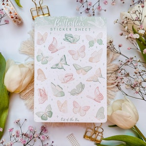 Sticker Sheet Butterflies grün, Schmetterling Sticker Sheet für Journaling, Aufkleberbogen Schmetterlinge, Planer Sticker Sheet Frühling