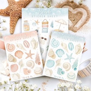 Beach Sticker Sheet Bundle, Set of 3 Summer Sticker Sheets, Seashells and Beach Sticker Set for Planners, Photo Albums and Journals