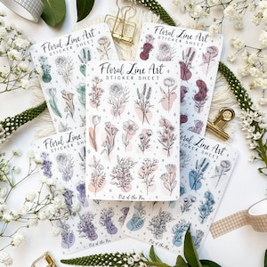 Mini Sticker Sheet Floral Line Art, Abstrakte Formen Sticker, Florale Aufkleber schwarz weiß, Stickerbogen Blumen verschiedene Farben