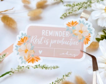 Pegatinas recordatorias: El descanso es productivo; Pegatinas de amor propio con frases; Pegatinas de salud mental; Pegatinas con citas inspiradoras