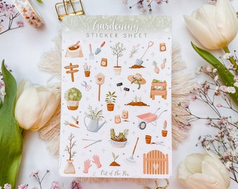 May include: A sticker sheet with a white background and colorful illustrations of gardening tools, plants, and other gardening-related items. The sheet is titled "Gardening Sticker Sheet" and has the text "Out of the Pen" at the bottom.