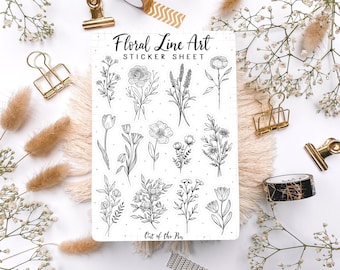 May include: A sheet of floral line art stickers with 16 different designs. The stickers are black and white and feature various flowers, leaves, and stems. The sheet is labelled "Floral Line Art Sticker Sheet" and "Out of the Pen".