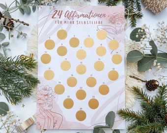 Rubbelkalender Positive Affirmationen, Rubbel Adventskalender Selbstliebe, 24 positive Affirmationen zum freirubbeln als Adventskalender A4