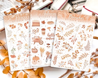Autumn Sticker Sheet Bundle, Set of 3 Fall Sticker Sheets, Journaling Stickers Autumn, Scrapbook Stickers Autumn, Fall Sticker Set