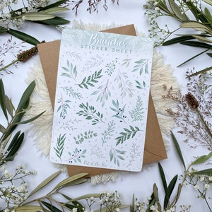 Op de afbeelding: Een stickerblad met een witte achtergrond en verschillende groene en grijze takken en bladeren. Het blad is getiteld "Branches Sticker Sheet" en heeft de tekst "Out of the Pen" onderaan.
