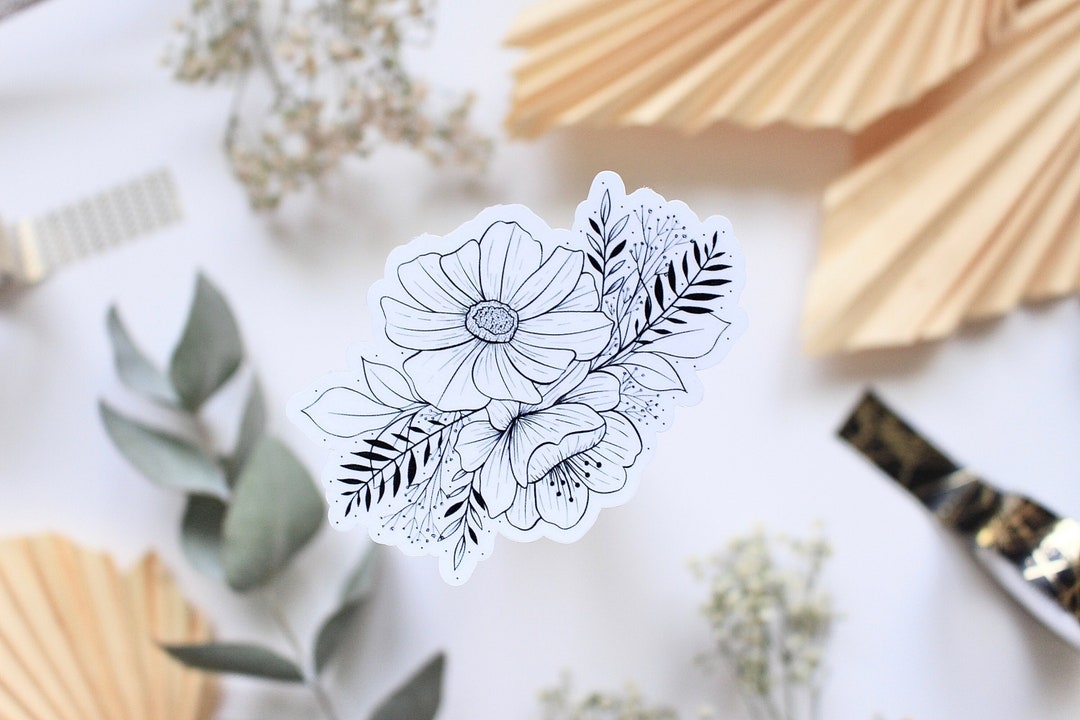 Line Art Flower Vinyl Sticker Black and White, CLEAR Sticker Journal ...