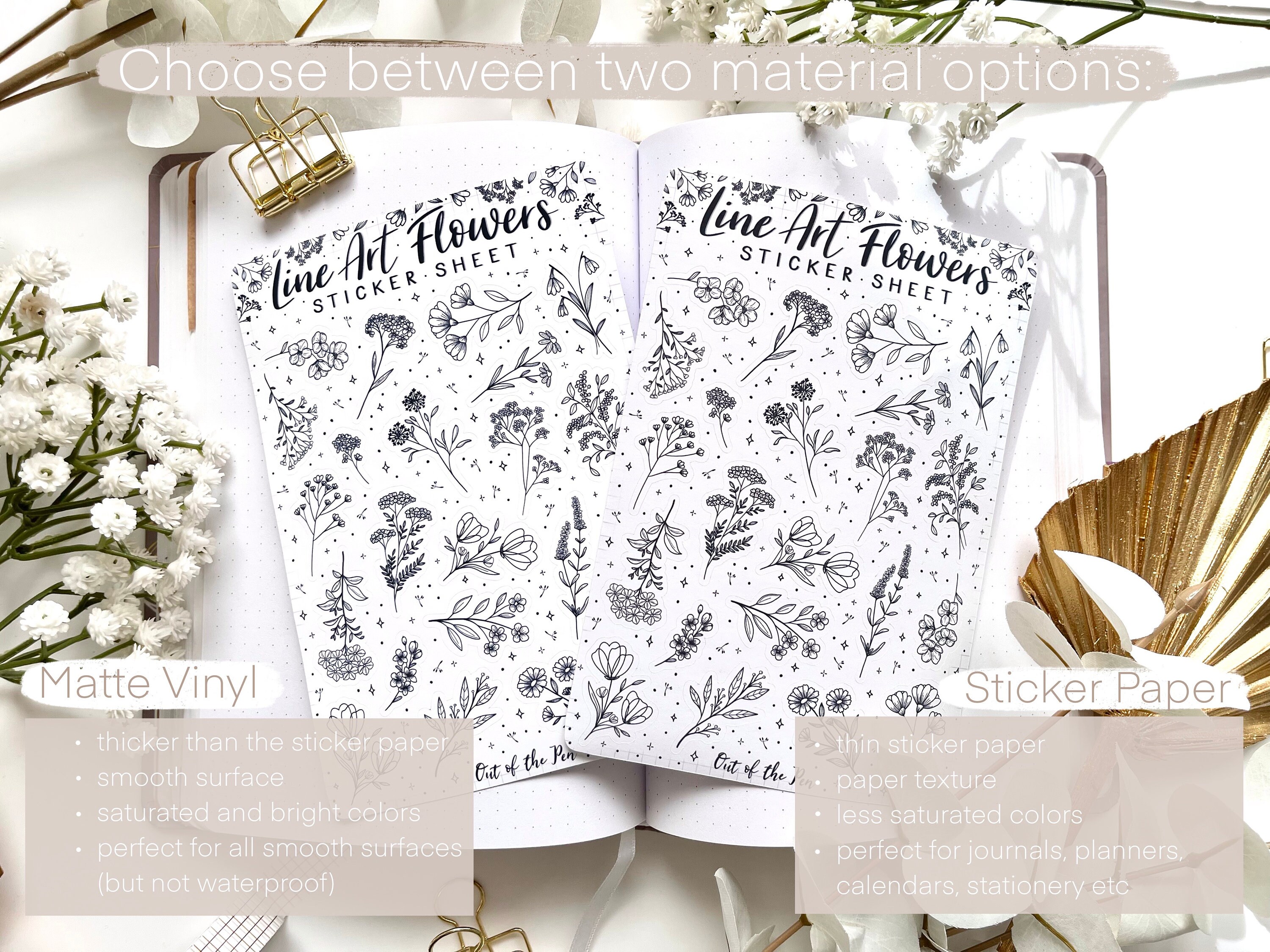 Sticker Sheet Flowers Line Art Black and White, Journal Stickers ...