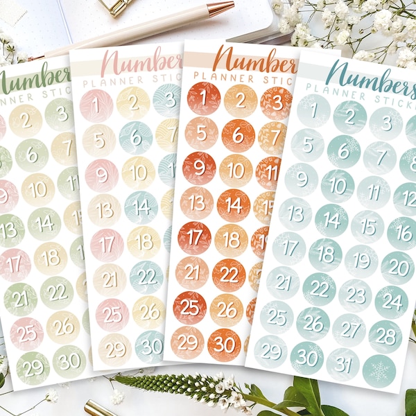 Datum Sticker Sheet Jahreszeiten Edition, Zahlen Sticker rund 1 bis 31, Monatsplaner Sticker, Planer Sticker Sheet Datum saisonale Designs