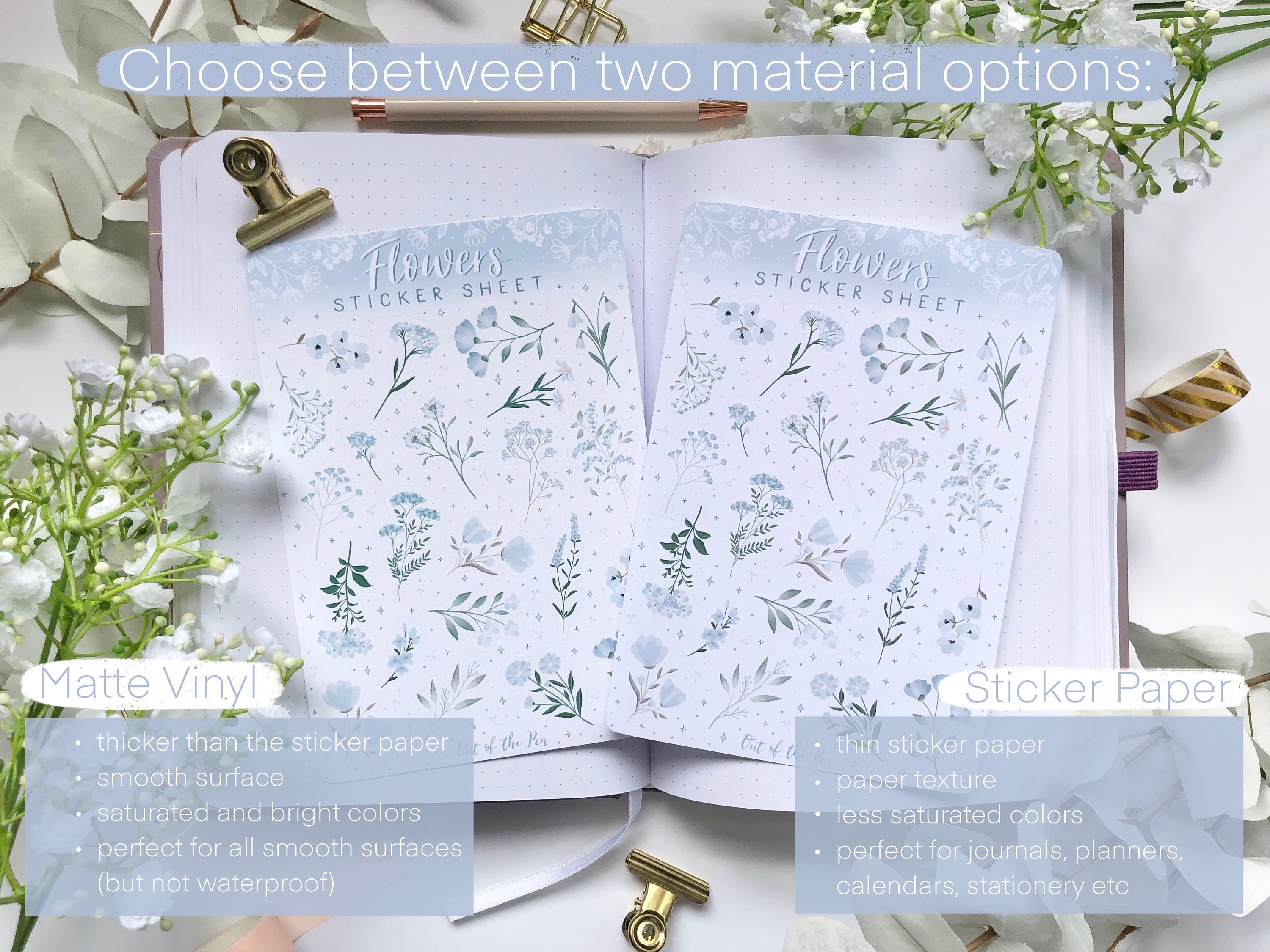 Sticker Sheet Flowers Blue, Journal Stickers Wildflowers, Floral ...