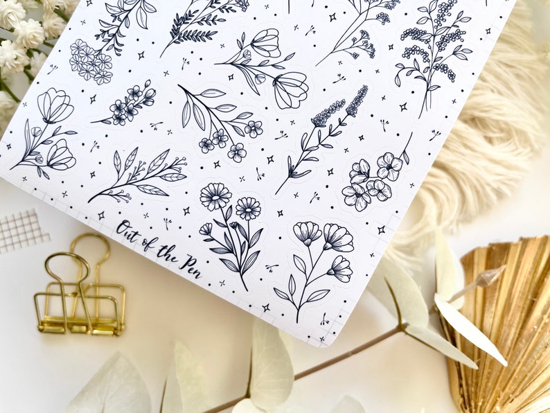 Sticker Sheet Flowers Line Art Black and White Bullet Journal - Etsy