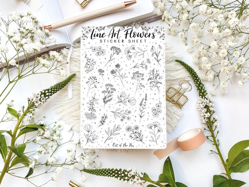 Sticker Sheet Flowers Line Art Black and White Bullet Journal - Etsy