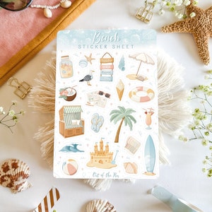May include: A sticker sheet with a beach theme. The sheet includes stickers of a beach umbrella, a beach chair, a sandcastle, a surfboard, a coconut, a seagull, a life preserver, a seashell, a starfish, a palm tree, and a glass jar with sand and seashells. The sheet is titled "Beach Sticker Sheet" and has the text "Out of the Sea" at the bottom.