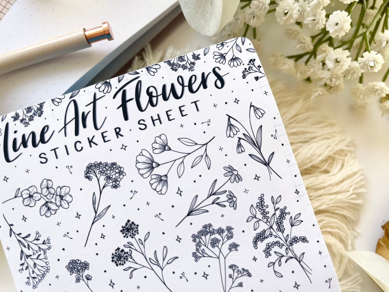 Sticker Sheet Flowers Line Art Black and White Bullet Journal - Etsy