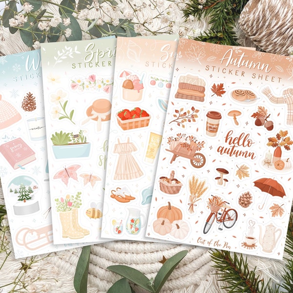Seasons Sticker Sheet Bundle, Set of 4 Seasonal Sticker Sheets, Journaling Stickers Seasons, Seasonal Sticker Set for Calendars