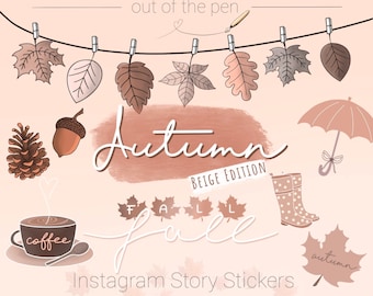 May include: A set of digital stickers for Instagram stories featuring an autumn theme. The stickers are in a beige color scheme and include images of leaves, acorns, a coffee cup, a pine cone, rain boots, and an umbrella. The text "Autumn Beige Edition" and "Fall" are also included.
