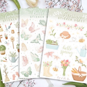Frühling Sticker Sheet Bundle, 3 Stickerbögen Frühling, Aufkleber Set Frühling, Set aus Gardening, Butterfly und Spring Sticker Sheet