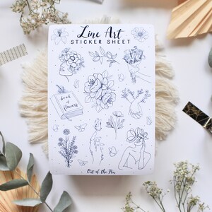 Sticker Sheet Lineart Black and White, Journal Stickers Floral ...