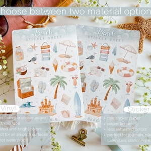 May include: Two sticker sheets with a beach theme. The sticker sheets are available in two materials: matte vinyl and sticker paper. The matte vinyl sticker sheet is thicker and has a smooth surface. The sticker paper sheet is thinner and has a paper texture. Both sticker sheets feature a variety of beach-themed illustrations, including a beach umbrella, a surfboard, a sandcastle, and a coconut.