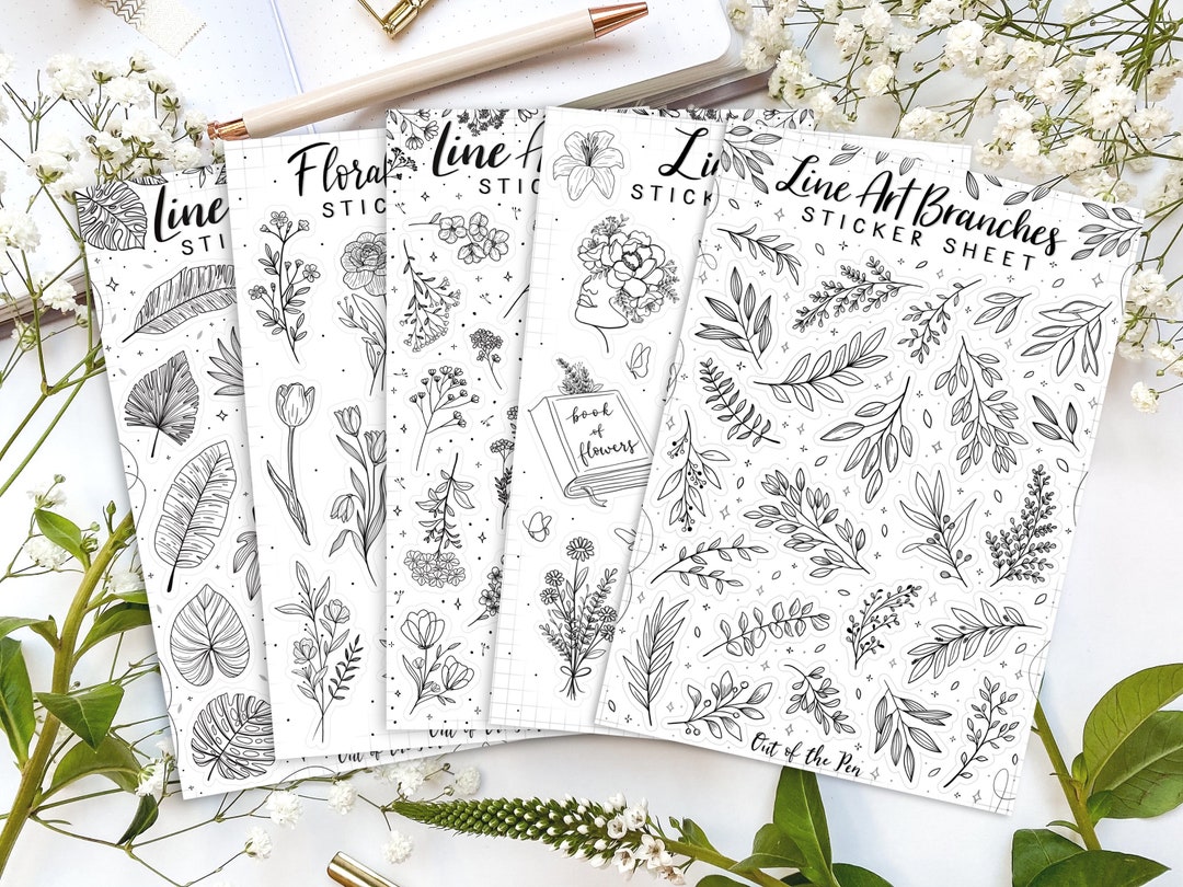Lineart Sticker Sheet Bundle, Set of 5 Floral Sticker Sheets ...