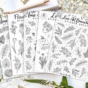 Lineart Sticker Sheet Bundle, 5 Stickerbögen schwarz weiß, Oneline Sticker Blumen, Florale Sticker Lineart, Line Art Sticker Sheet